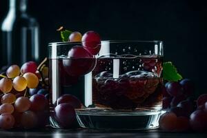 zwei Brille von Wein mit Trauben auf ein dunkel Hintergrund. KI-generiert foto