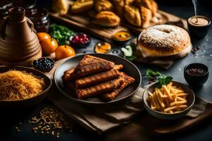 ein Tabelle mit Essen und Getränke auf Es. KI-generiert foto