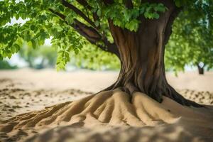 ein Baum mit Wurzeln im das Sand. KI-generiert foto