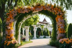 ein Hochzeit Bogen dekoriert mit Blumen. KI-generiert foto