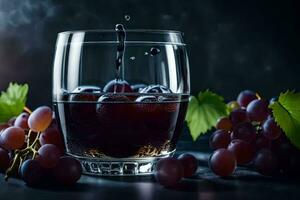 ein Glas von rot Wein mit Trauben auf ein dunkel Hintergrund. KI-generiert foto