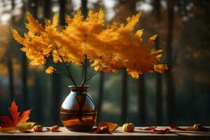 Herbst Blätter im ein Vase auf ein Tabelle im Vorderseite von ein Wald. KI-generiert foto