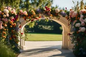 ein Hochzeit Bogen dekoriert mit Blumen. KI-generiert foto