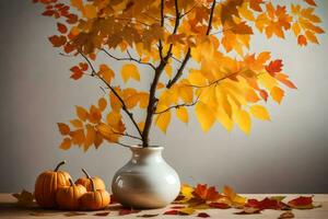 Herbst Blätter und Kürbisse im ein Vase. KI-generiert foto