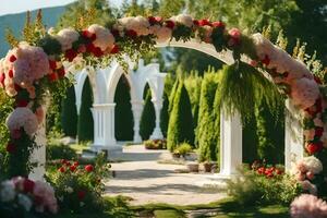 ein Hochzeit Bogen mit Blumen und Grün. KI-generiert foto