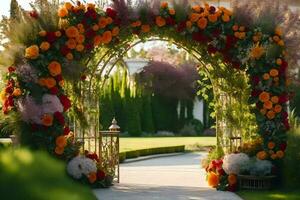 ein Hochzeit Bogen gemacht von Blumen im das Garten. KI-generiert foto