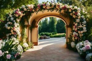 ein Hochzeit Torbogen mit Blumen und Grün. KI-generiert foto