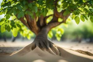 ein Baum mit es ist Wurzeln im das Sand. KI-generiert foto