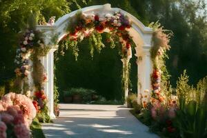 ein Hochzeit Torbogen dekoriert mit Blumen und Grün. KI-generiert foto