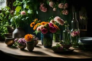 Blumen im Vasen auf ein Tisch. KI-generiert foto