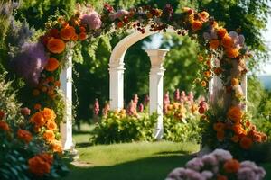 ein Torbogen mit Blumen und Grün im das Hintergrund. KI-generiert foto