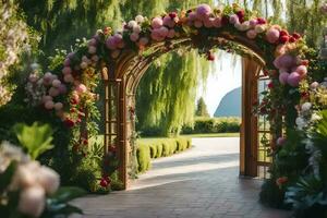 ein Hochzeit Torbogen mit Blumen und Grün. KI-generiert foto