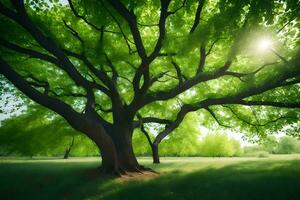 ein groß Baum im das Mitte von ein Grün Feld. KI-generiert foto