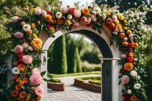 ein Torbogen mit Blumen und Grün. KI-generiert foto