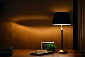 ein Lampe auf ein Tabelle Nächster zu ein Buch und ein Buch. KI-generiert foto