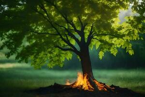 ein Baum mit Feuer im das Mitte von Es. KI-generiert foto