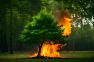 ein Baum ist Verbrennung im das Mitte von ein Feld. KI-generiert foto