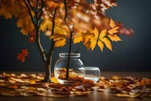 Herbst Blätter im ein Vase auf ein Tisch. KI-generiert foto