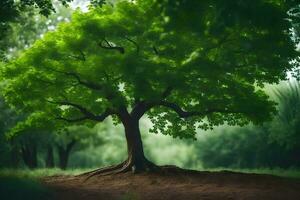 ein Baum ist gezeigt im das Mitte von ein Grün Feld. KI-generiert foto