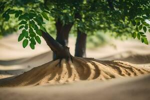 ein Baum mit Wurzeln wachsend aus von das Sand. KI-generiert foto