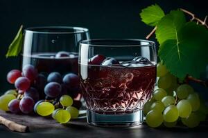 zwei Brille von Wein mit Trauben und Blätter. KI-generiert foto