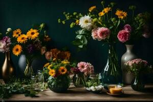 Blumen im Vasen auf ein Tisch. KI-generiert foto