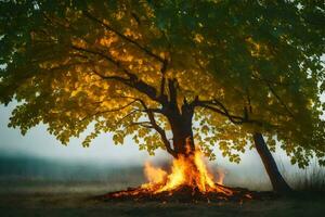 ein Baum mit Flammen Kommen von es im das Mitte von ein Feld. KI-generiert foto