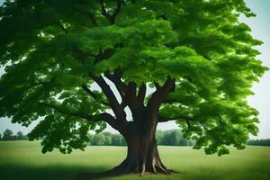 ein groß Baum im ein Feld mit Grün Blätter. KI-generiert foto