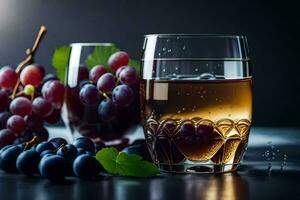 zwei Brille von Wein und Trauben auf ein dunkel Hintergrund. KI-generiert foto