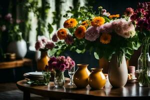 ein Tabelle mit Blumen im Vasen auf Es. KI-generiert foto