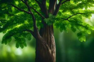 ein Baum mit Grün Blätter im das Mitte von ein Wald. KI-generiert foto