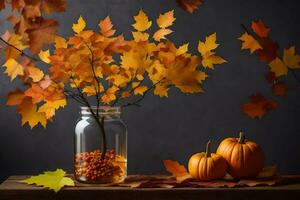 Herbst Blätter und Kürbisse im ein Krug auf ein Tisch. KI-generiert foto
