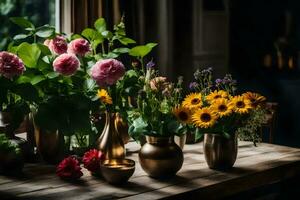 Blumen im Vasen auf ein Tisch. KI-generiert foto