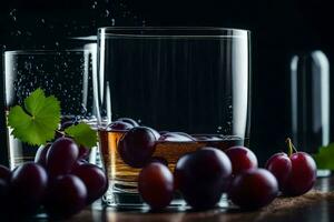 ein Glas von Wein und Trauben auf ein dunkel Hintergrund. KI-generiert foto