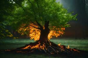 ein Baum mit Flammen Kommen aus von es im das dunkel. KI-generiert foto