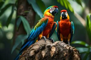 zwei bunt Papageien Sitzung auf ein Baum Ast. KI-generiert foto