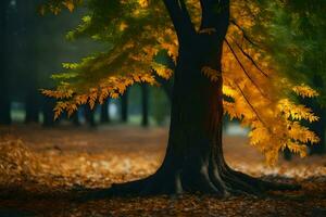 ein Baum mit Gelb Blätter im das Mitte von ein Wald. KI-generiert foto