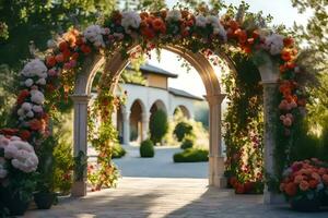 ein Hochzeit Bogen mit Blumen und Grün. KI-generiert foto