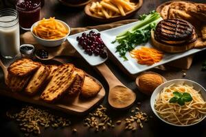 verschiedene Lebensmittel einschließlich brot, Käse, Fleisch, Gemüse und Milch. KI-generiert foto