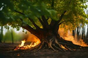 ein Baum mit Flammen Kommen aus von es im das Mitte von das Wald. KI-generiert foto