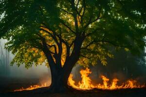 ein Baum mit Flammen Kommen aus von es im das Mitte von ein Feld. KI-generiert foto