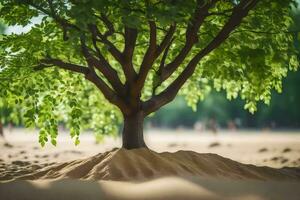 ein Baum im das Sand mit Menschen im das Hintergrund. KI-generiert foto
