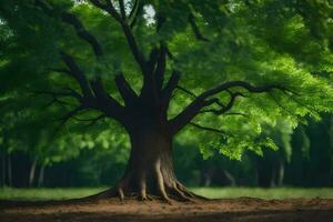 ein groß Baum im das Mitte von ein Feld. KI-generiert foto