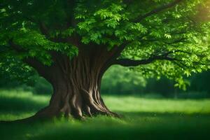 ein groß Baum im das Mitte von ein Grün Feld. KI-generiert foto