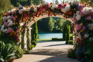 ein Hochzeit Bogen dekoriert mit Blumen und Grün. KI-generiert foto