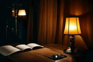 ein Lampe und ein öffnen Buch auf ein Tisch. KI-generiert foto