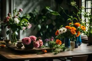 Blumen im Vasen auf ein hölzern Tisch. KI-generiert foto