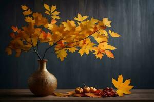 Herbst Blätter im ein Vase auf ein hölzern Tisch. KI-generiert foto