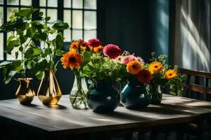 ein Tabelle mit Blumen und Vasen auf Es. KI-generiert foto