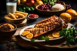 gegrillt Fisch mit Orange Scheiben und Gemüse. KI-generiert foto